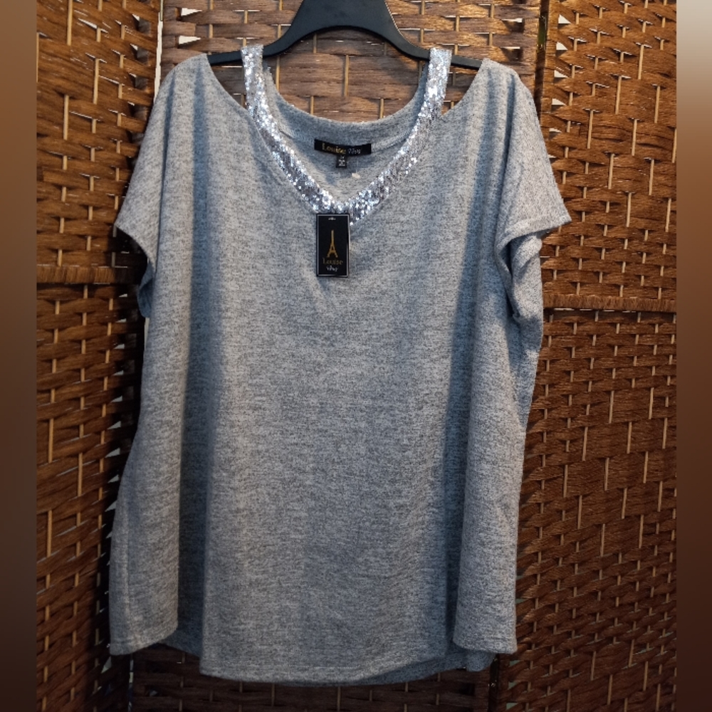 Louise Paris Sequin Embellished Cold Shoulder Blouse Top Soft Sweater